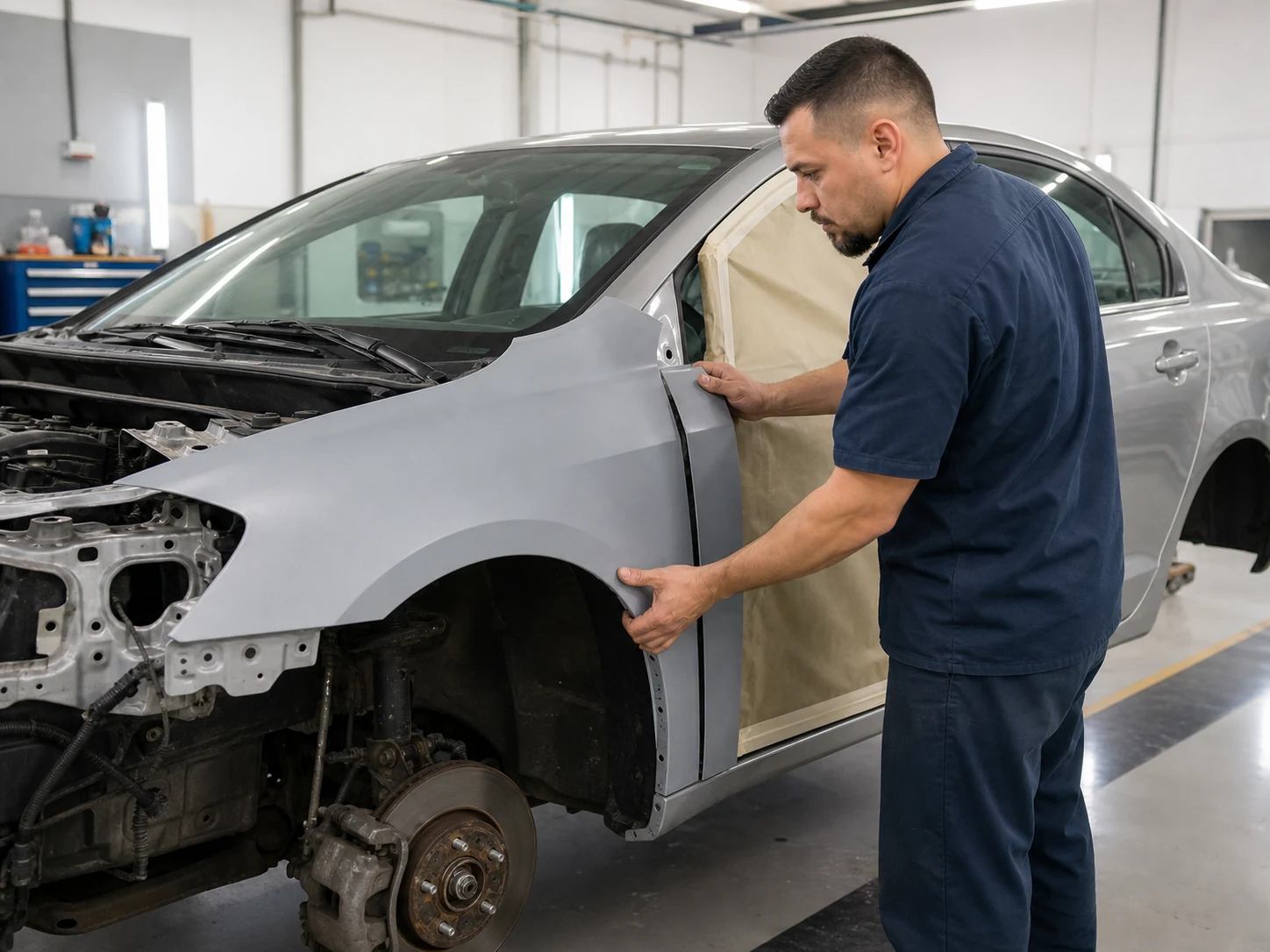 Completed front-end collision repair on a silver sedan