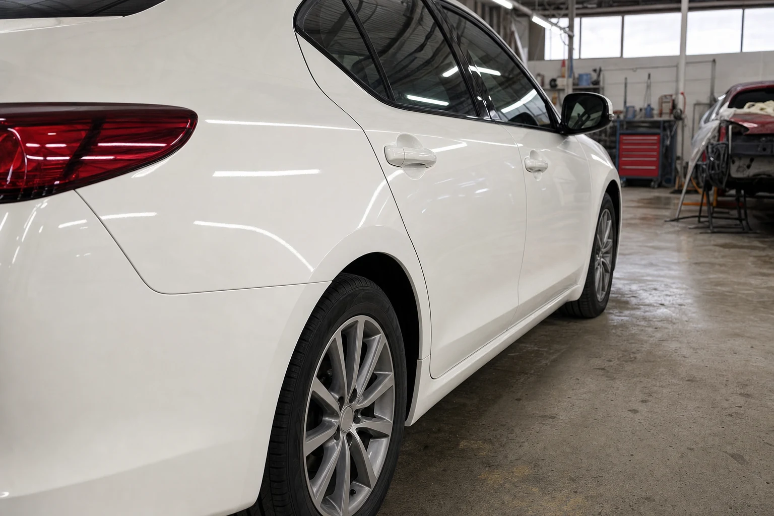 Freshly blended pearl white paintwork across a door and quarter panel