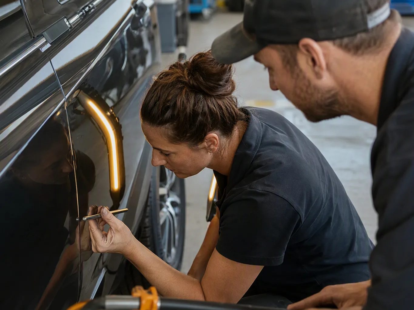 An auto body technician uses a slim metal tap-down tool to refine the low spots around a small dent while an inspection light reflects across the vehicle's side panel