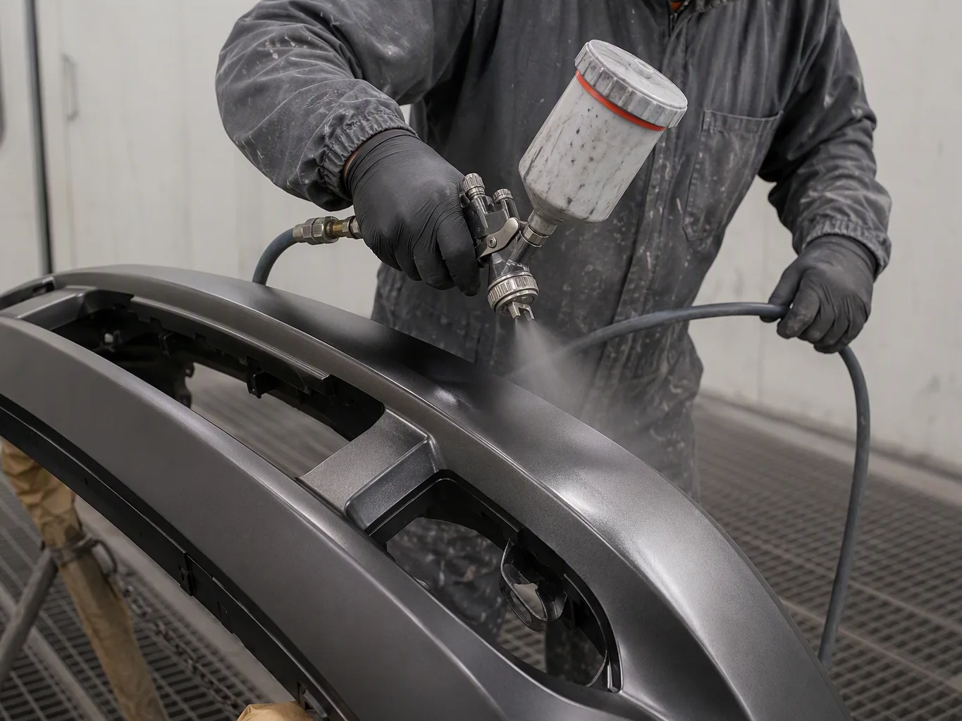Inside a paint booth, an auto body technician applies automotive paint with a spray gun to a bumper mounted on a stand during the refinishing stage, keeping attention on the panel and the spray pattern rather than the camera