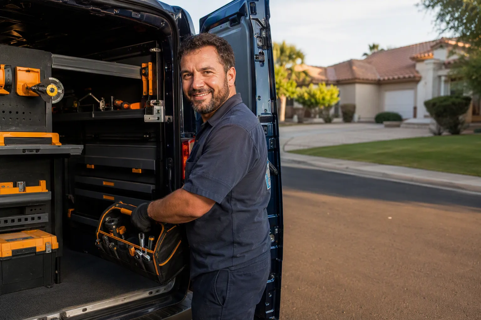 A auto body technician loading tools back into a navy service van at the kerb outside a suburban home at the end of a job