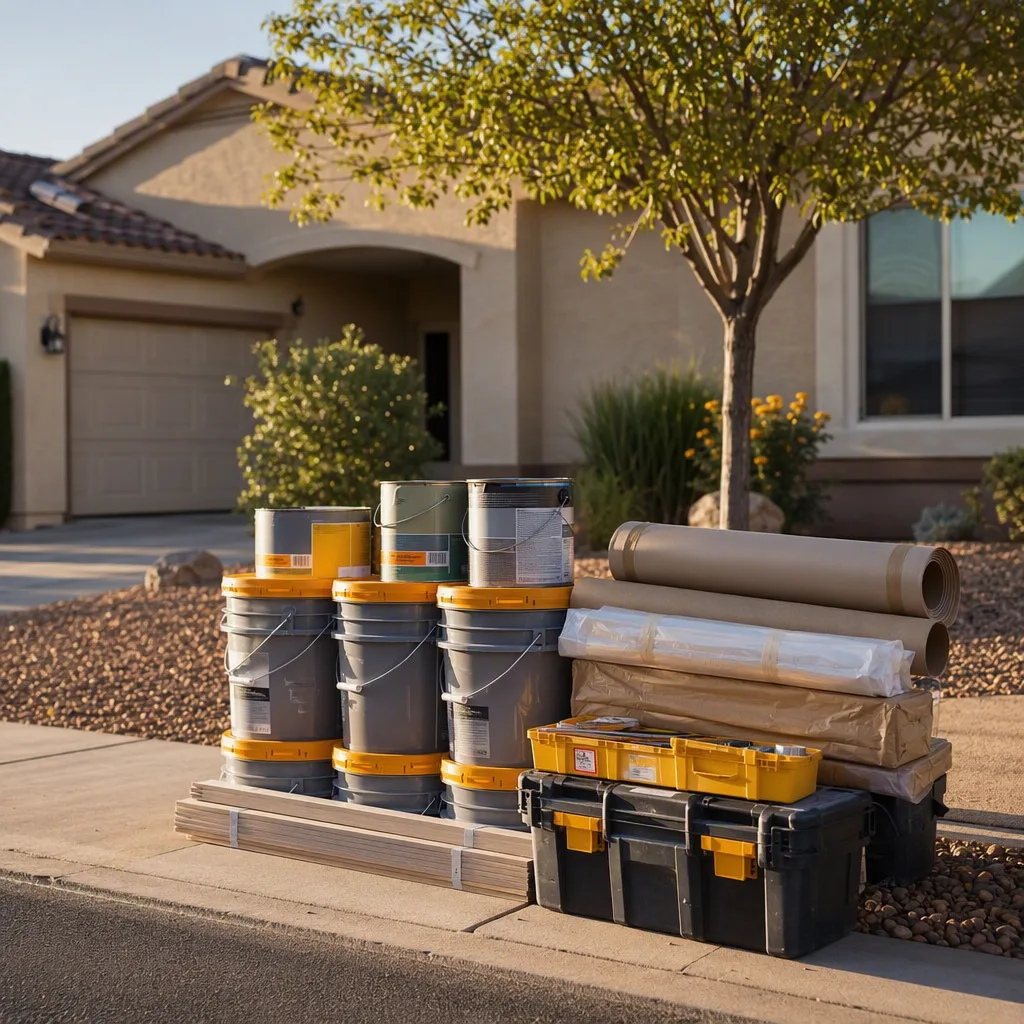 A delivery of primer, masking paper, clips and mixed paint tins stacked neatly at the kerb outside a suburban home, ready for the day