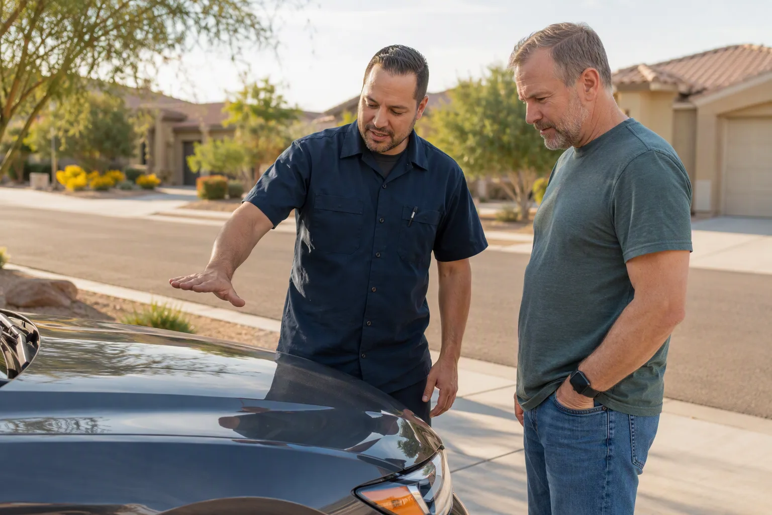 A auto body technician in a plain navy work shirt walking a homeowner through the finished work, both looking at the job rather than the camera