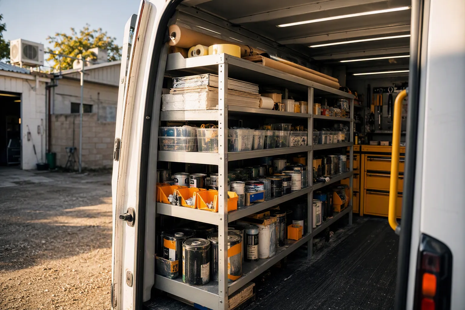 An organized auto body repair service van parked outside a workshop