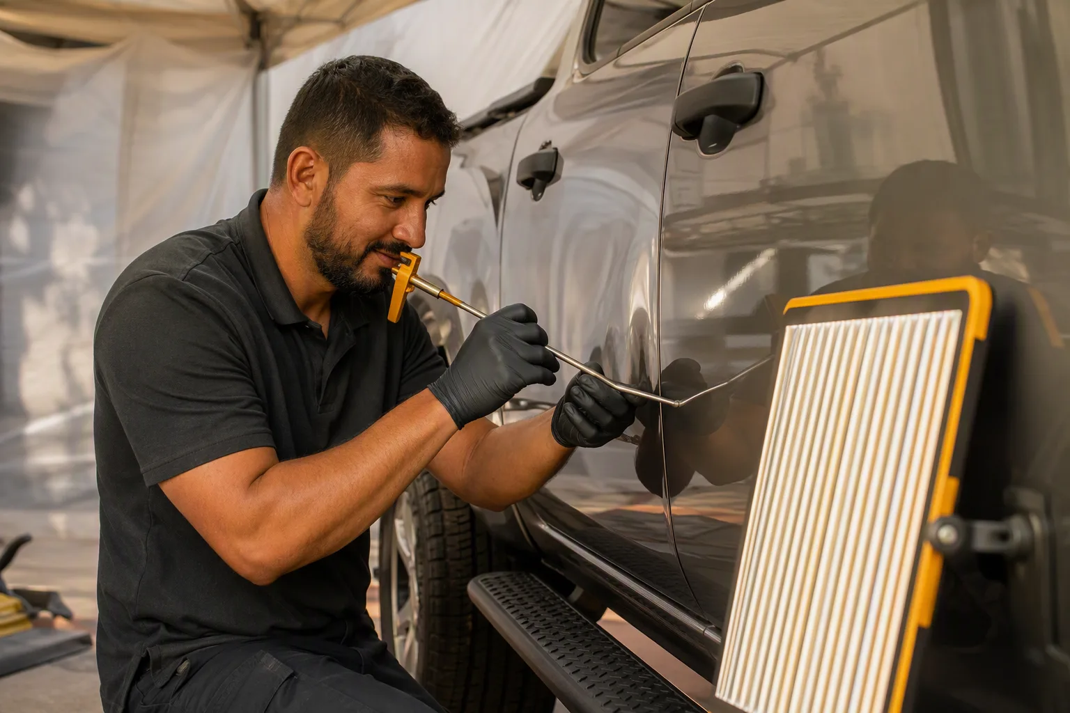 A auto body technician mid-job at a residential site, working with a paintless dent rod and a striped reflector board, hands and work in sharp focus, the surrounding room softly out of focus