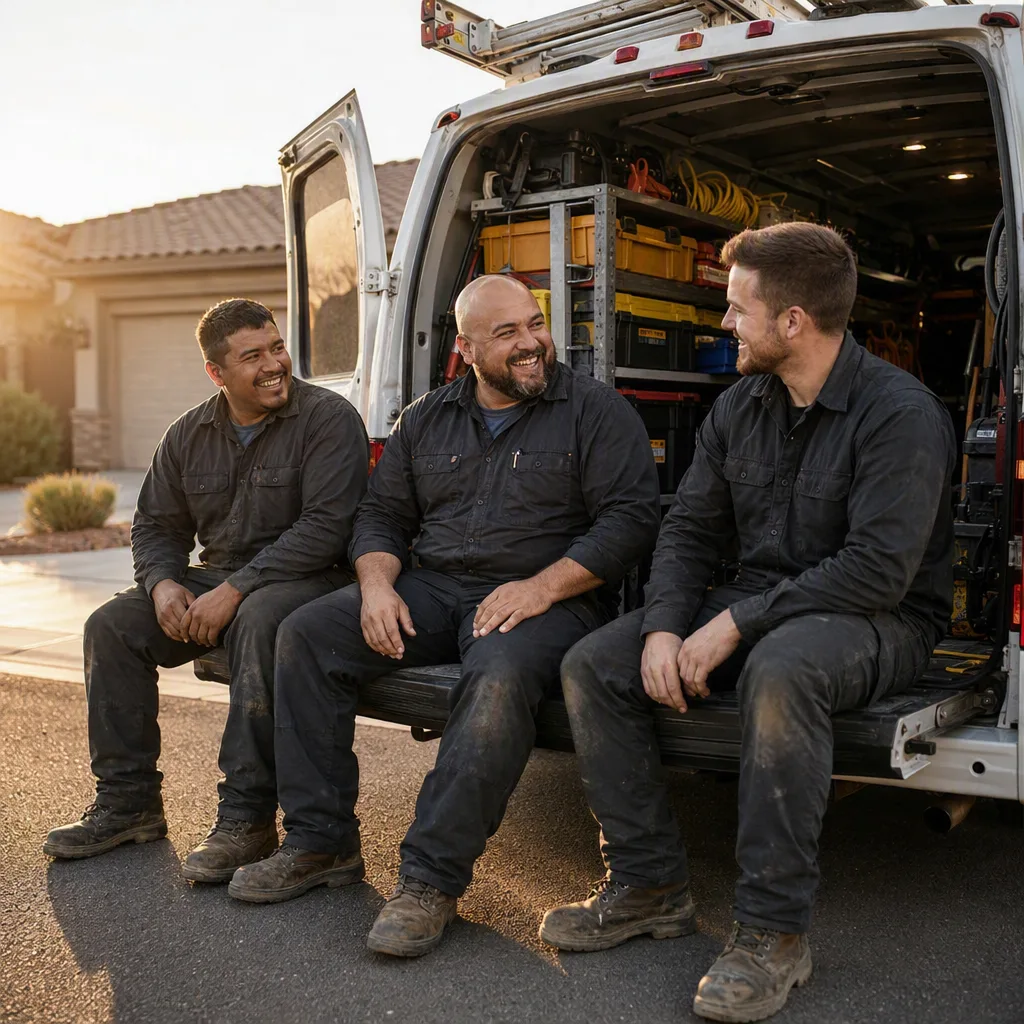 A small crew sitting on the open tailgate of a van at the end of a job, relaxed and talking, tools packed away behind them
