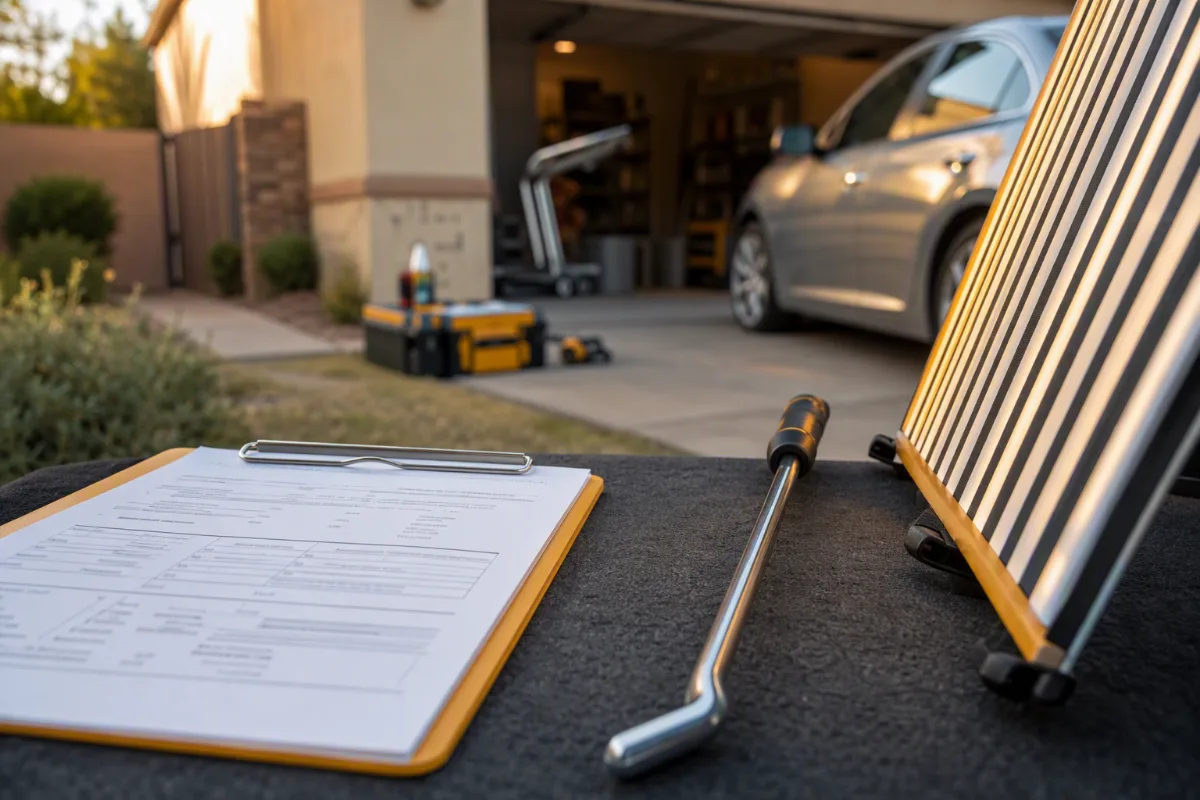 A clipboard with an out-of-focus, unreadable estimate resting on a work surface beside a paintless dent rod and a striped reflector board, a residential job softly blurred behind it