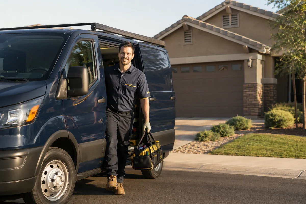 A navy service van arriving outside a well-kept suburban home, a auto body technician stepping out with a tool bag