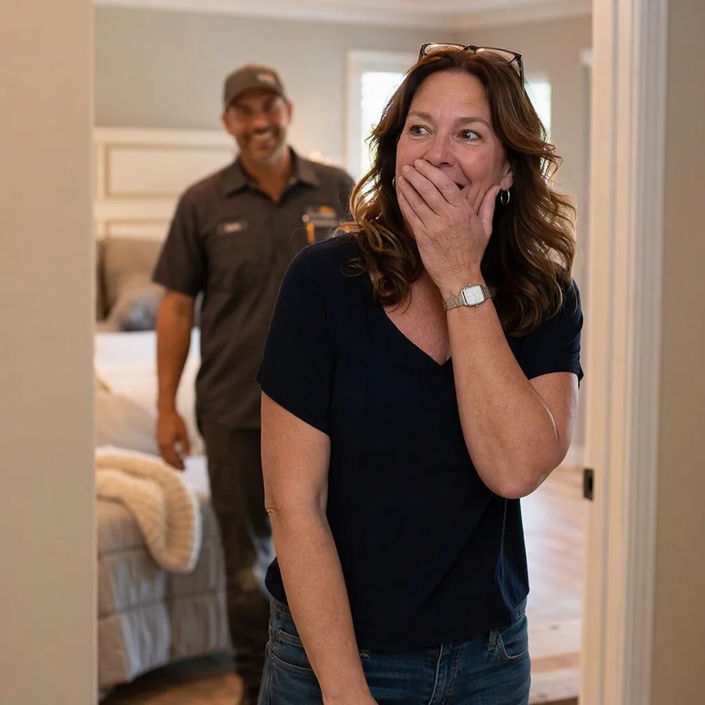 A homeowner seeing their finished room for the first time, hand to their mouth, delighted and entirely unposed