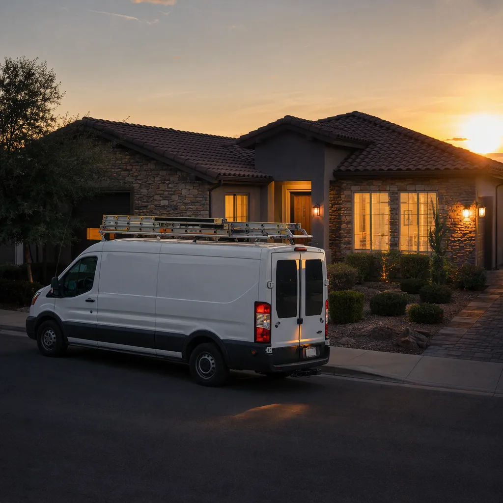 A van packed up at dusk at the kerb outside a suburban home with its windows warmly lit, the last of the light behind the roofline
