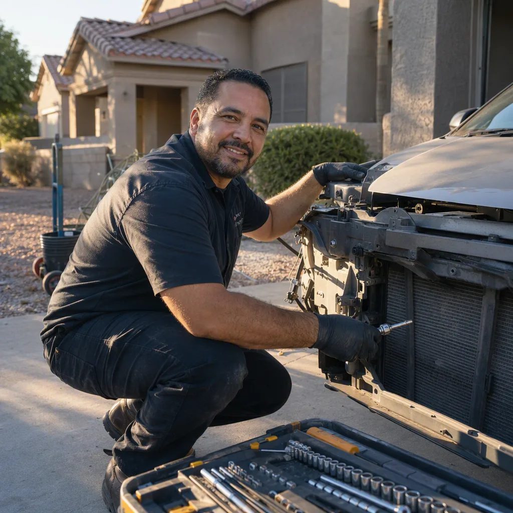 A auto body technician mid-job at a residential site, caught rather than posed, the kind of everyday moment a small company posts from a phone