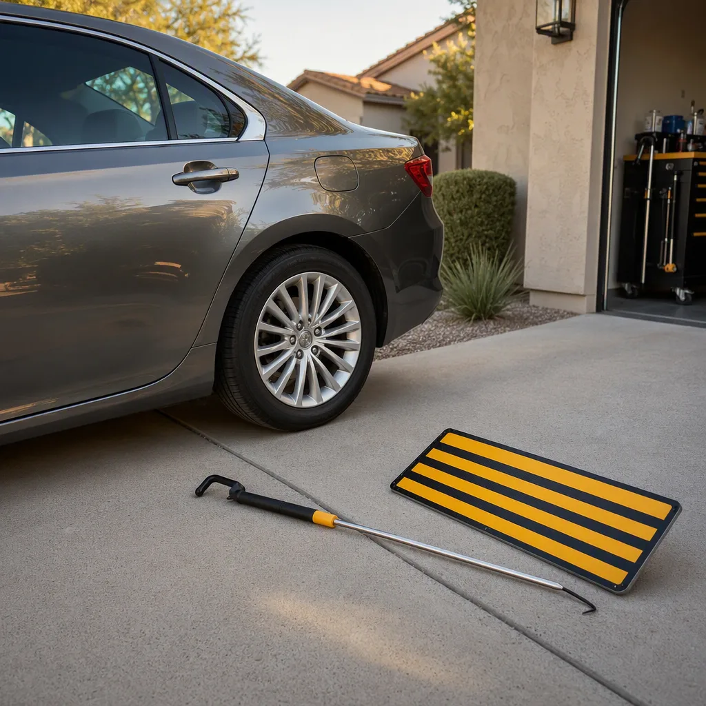 A set of tools — a paintless dent rod and a striped reflector board — laid down on a clean surface beside the auto body repair work they have just finished, everything tidy and put away