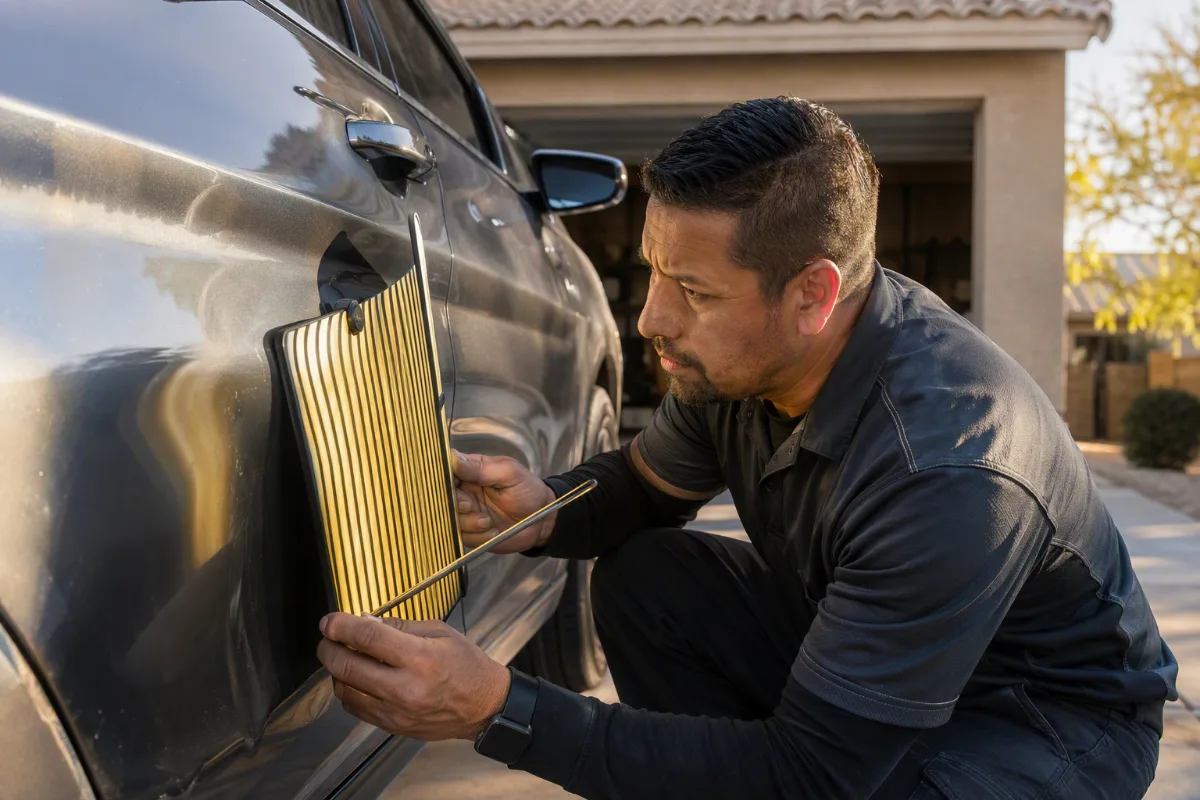 A auto body technician inspecting the trouble spot on a residential auto body repair job, crouched close to the work with a paintless dent rod and a striped reflector board in hand, natural side light raking across the surface