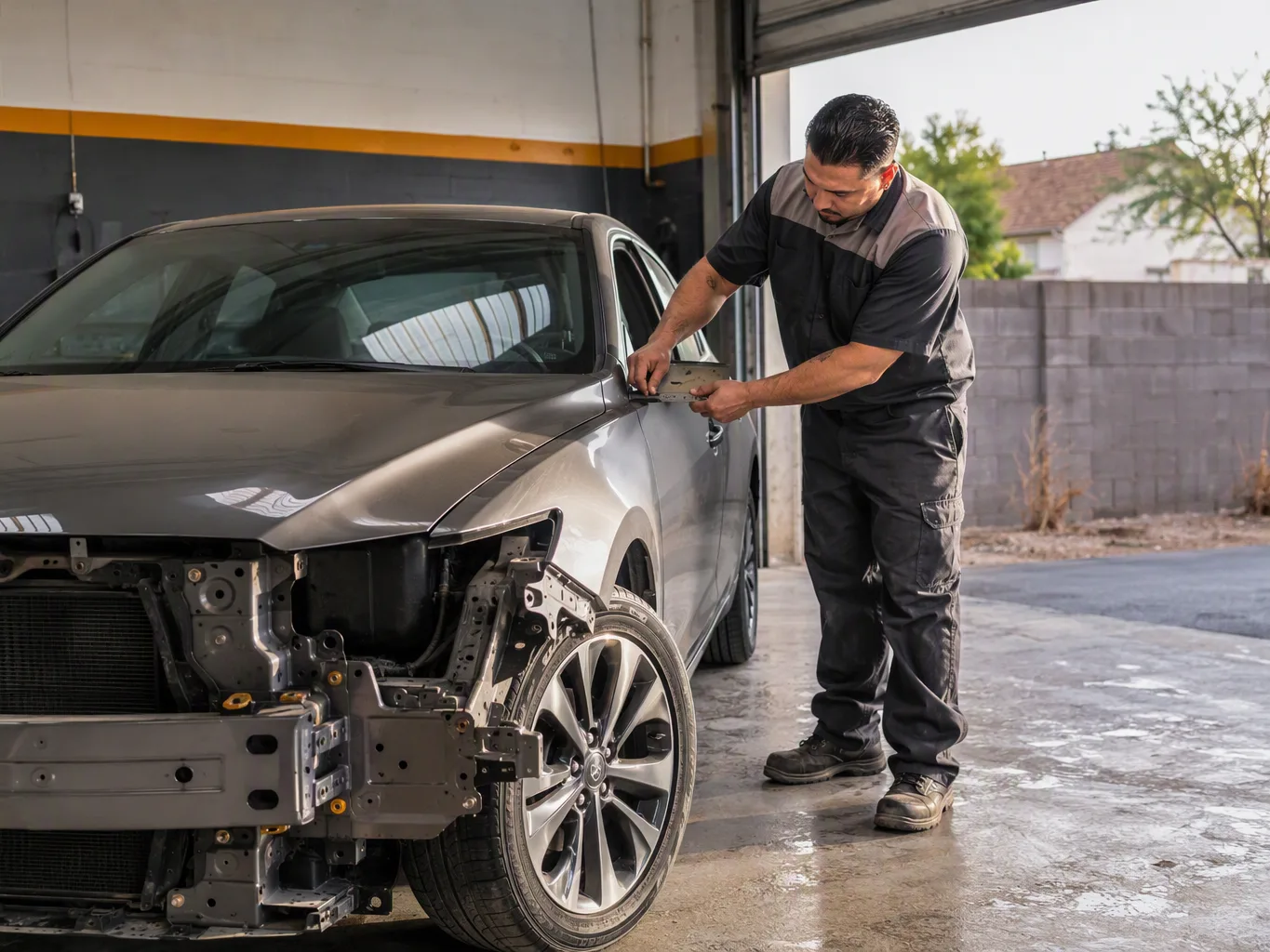 At the reassembly stage, an auto body technician checks the space between a replacement body panel and the adjacent panel with a panel gap gauge, one hand steadying the edge while the other reads the tool