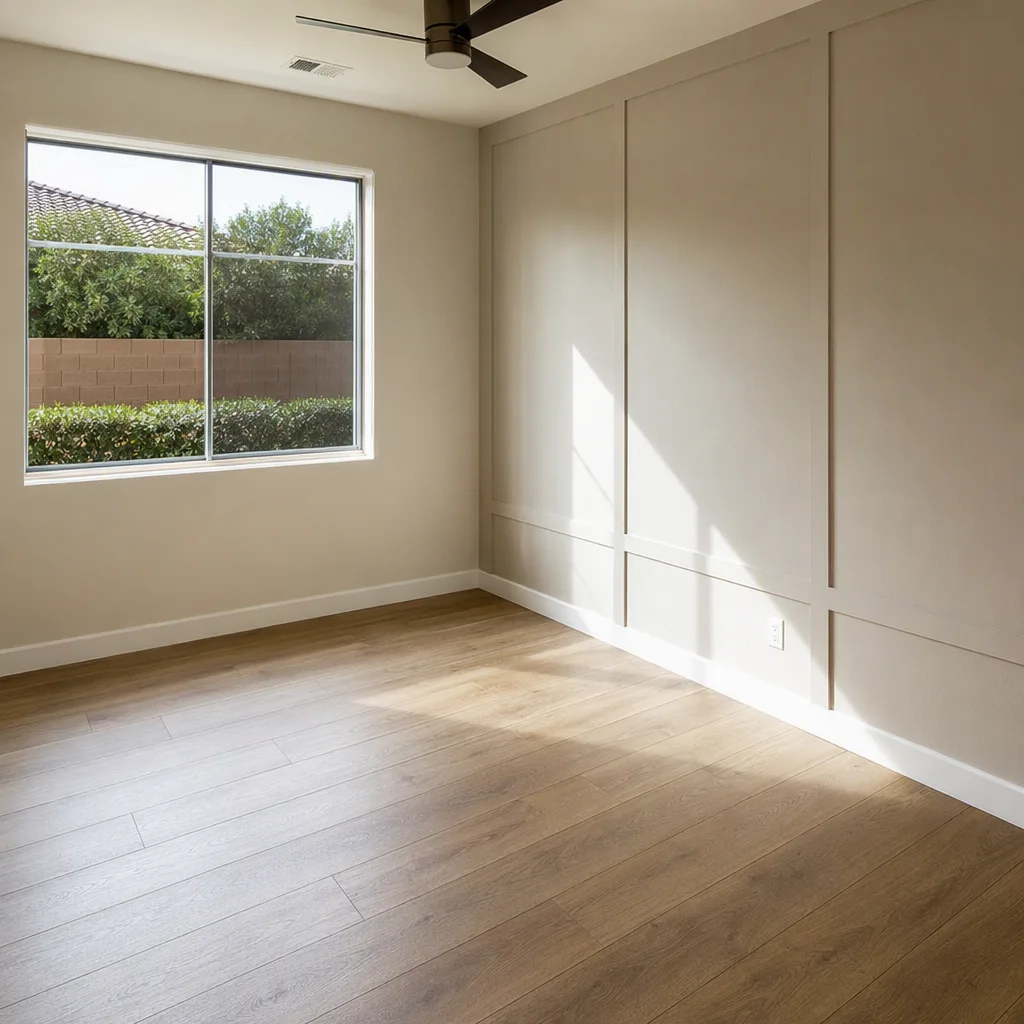 A finished corner of a residential room with the protective covering just pulled back off it, the work newly revealed and spotless