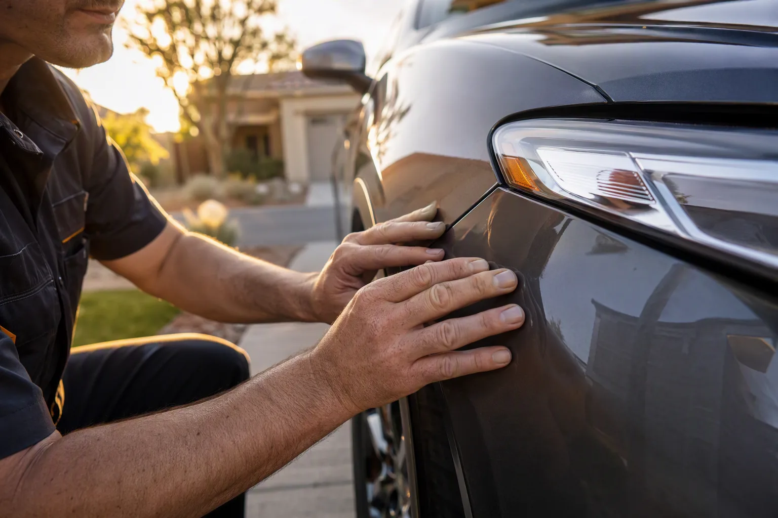 A auto body technician checking a repaired panel gap against the undamaged side of the car