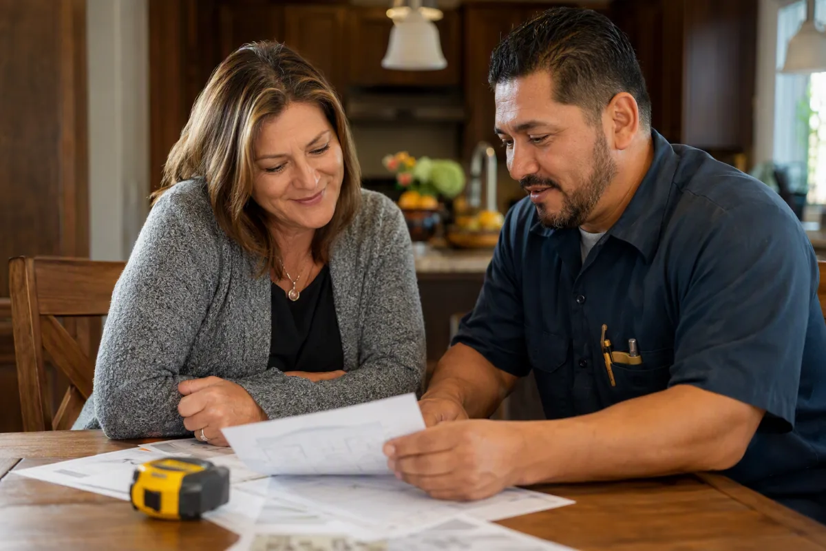 A homeowner and a auto body technician reviewing plans together at a kitchen table, paperwork and a tape measure between them, both engaged in the conversation